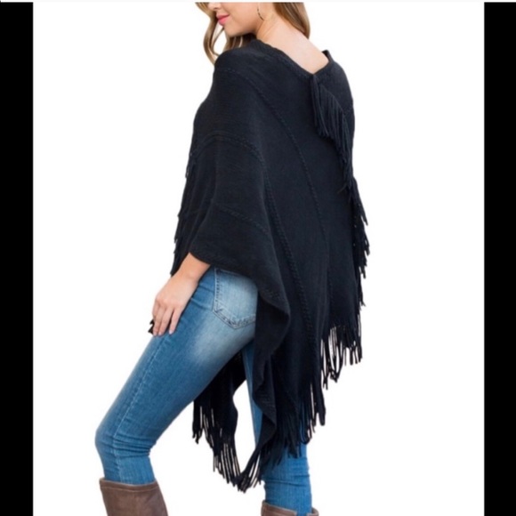 New! Clearance Black Soft Fringe Poncho - Picture 2 of 2